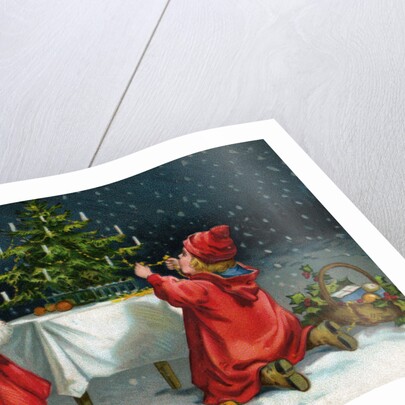 A Merry Christmas Postcard with Children Decorating Christmas Tree by Anonymous
