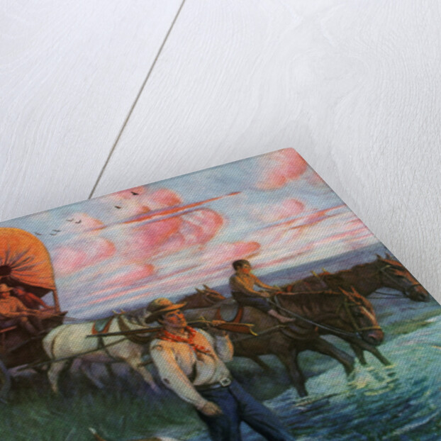 Calendar Illustration of Settlers in Covered Wagons Crossing the Plains by Frank Stick