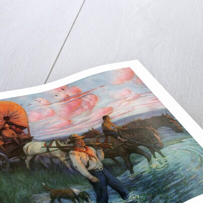 Calendar Illustration of Settlers in Covered Wagons Crossing the Plains by Frank Stick