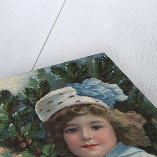 A Merry Christmas Postcard with Girl Holding Pine Bough by Anonymous