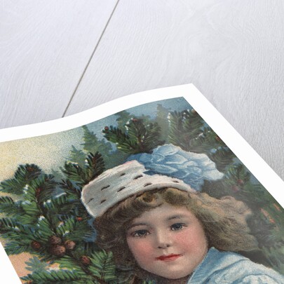 A Merry Christmas Postcard with Girl Holding Pine Bough by Anonymous
