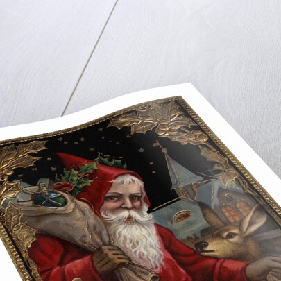 A Happy Christmas Postcard with Santa and Deer by Anonymous