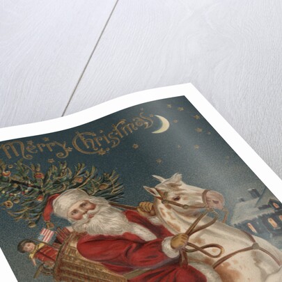 Merry Christmas Postcard with Santa on Rocking Horse by Corbis