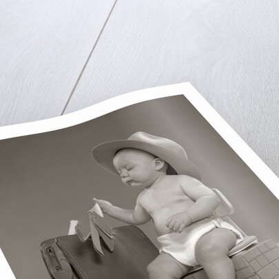 1950s Baby Businessman In Diaper With Hat Briefcase Salesman Samples Paperwork by Anonymous