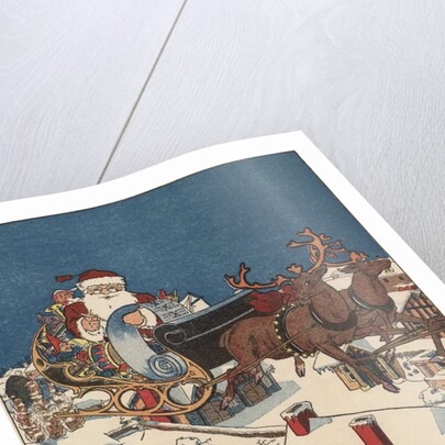 Illustration of Santa Checking His List in His Sleigh by Anonymous