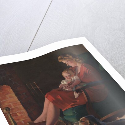Illustration of Mother and Baby Sitting by Fireplace by Anonymous
