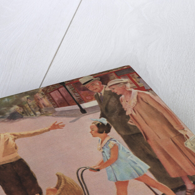 Illustration of Crossing Guard Helping People Cross Street by Douglass Crockwell