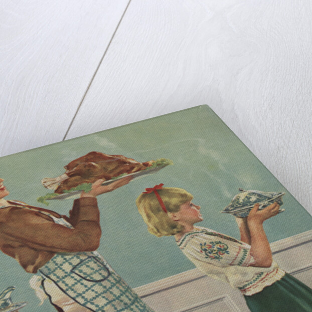 Illustration of Mother and Children Carrying Thanksgiving Dinner by Douglass Crockwell