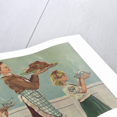 Illustration of Mother and Children Carrying Thanksgiving Dinner by Douglass Crockwell