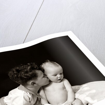 1940s Curly Haired Boy Toddler Leaning And Kissing Cute Baby by Anonymous