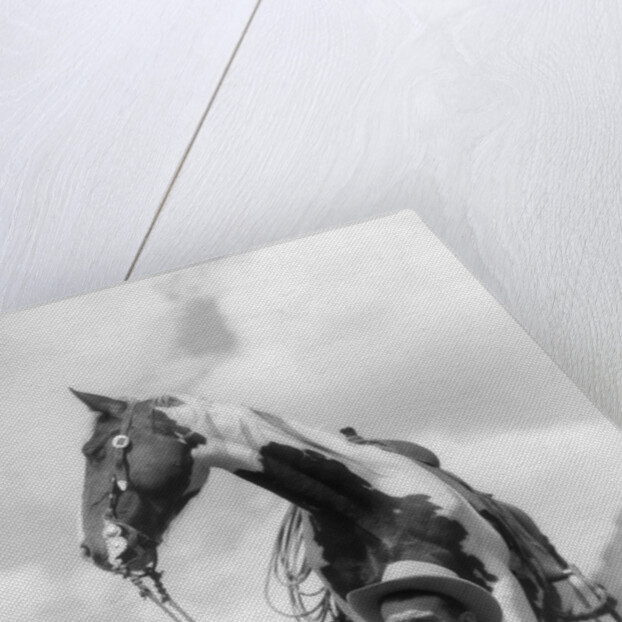 1930s Cowboy Sitting In Front Of Horse Holding Reins Spotted Paint Pinto by Anonymous