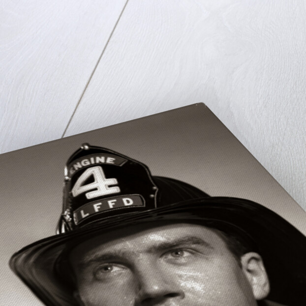 1950s Portrait Fireman Serious Expression Metal Fire Hard Hat Engine 4 by Anonymous