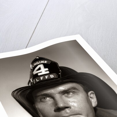 1950s Portrait Fireman Serious Expression Metal Fire Hard Hat Engine 4 by Anonymous