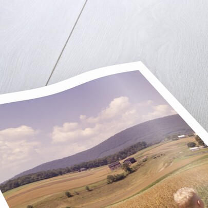 1960s Back Of Two Boys With Black And White Dog Sitting Hillside Field Looking Down To Farm by Anonymous