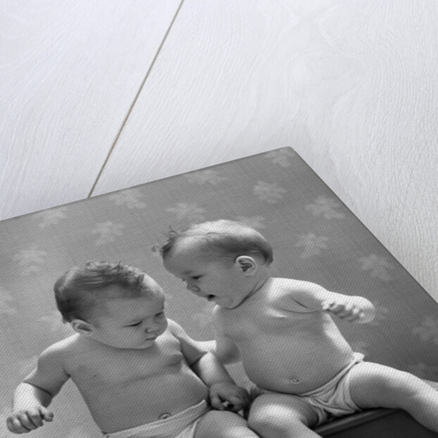 1930s 1940s Twin Babies Wearing Diapers Together Sitting On A Bench Side By Side Studio by Anonymous