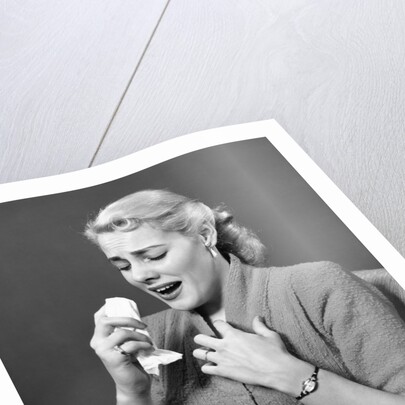 1950s Woman In Chair About To Sneeze Sneezing Handerchief In One Hand Cold Flu Allergy Cough Coughing by Anonymous