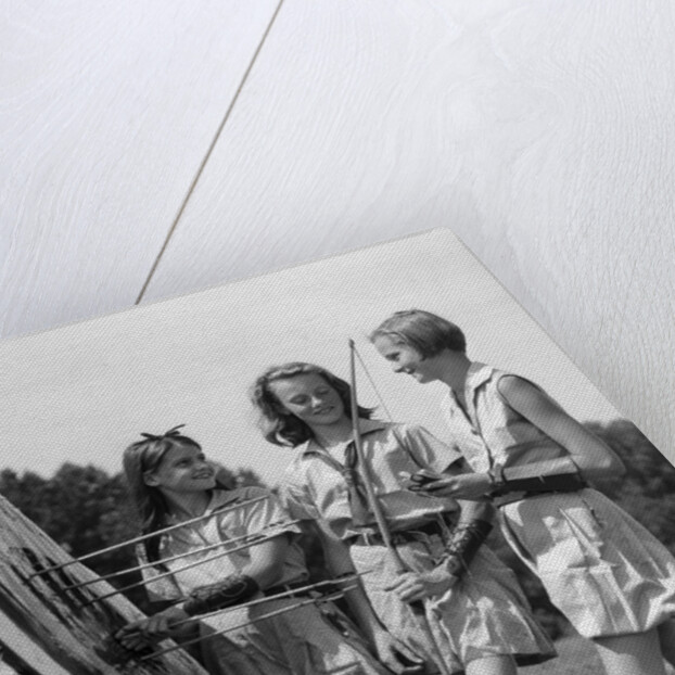 1930s 1940s Three Teen Girls Standing By Archery Target Bows Arrows by Anonymous