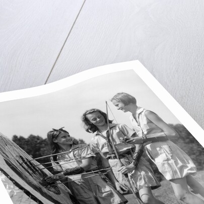 1930s 1940s Three Teen Girls Standing By Archery Target Bows Arrows by Anonymous