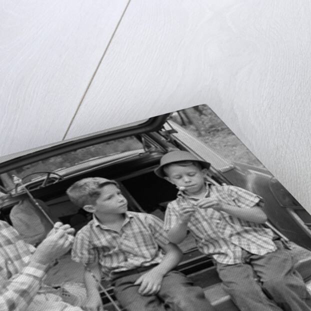1950s 1960s Father Two Young Sons With Fishing Rods By Car Outdoor by Anonymous