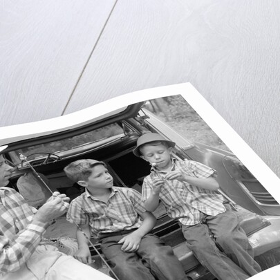 1950s 1960s Father Two Young Sons With Fishing Rods By Car Outdoor by Anonymous
