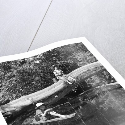 1940s 1950s Pair Of Boys In Straw Hats and Cuffed Jeans Fishing In Stream by Anonymous
