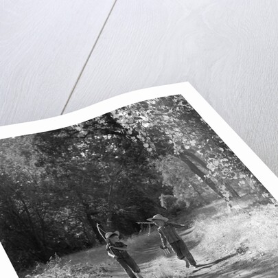 1940s 1950s Two Boys In Dungarees Plaid Shirts Straw Hats by Anonymous