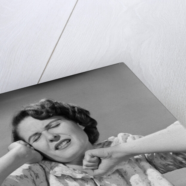 1950s Woman Eyes Closed Stretching Waking Up Wearing Nightgown by Anonymous