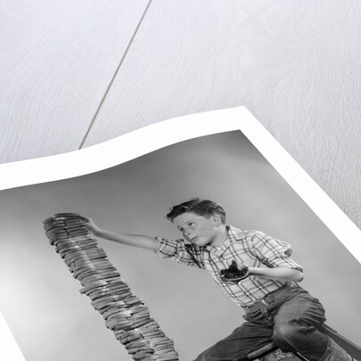 1950s Boy Eating Jelly Toast Sitting On Ladder Stacking Up Tall Pile Of Toast From Toaster by Anonymous