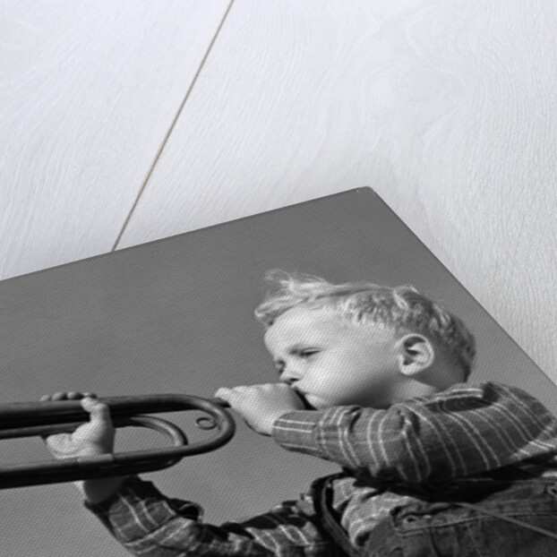 1940s Boy Blowing Bugle Outdoor by Anonymous