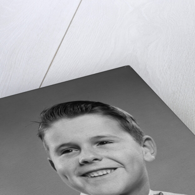 1950s Boy Portrait Wearing Checked Vest Polka Dot Bow Tie School Picture by Anonymous