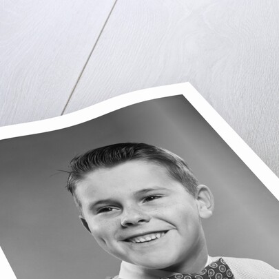 1950s Boy Portrait Wearing Checked Vest Polka Dot Bow Tie School Picture by Anonymous