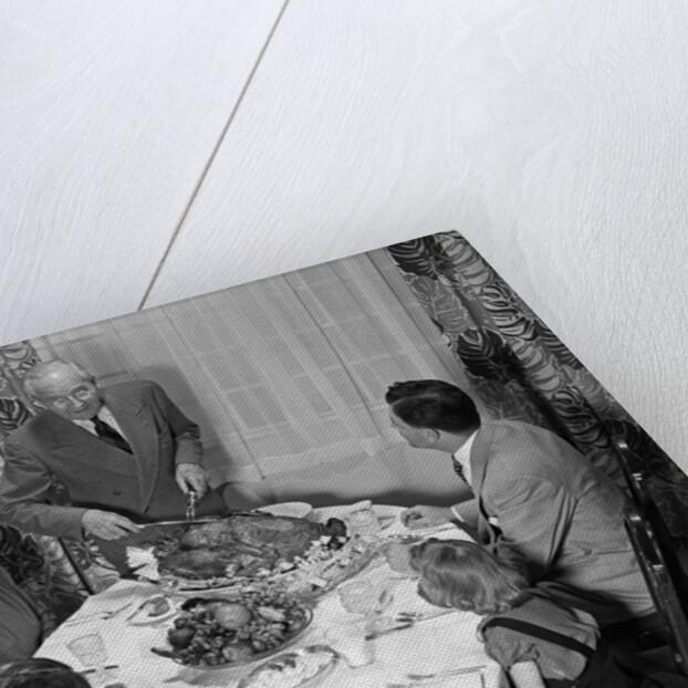 1940s 1950s 3 Generation Family Meal Dining Room Table Grandfather Carving Turkey by Anonymous