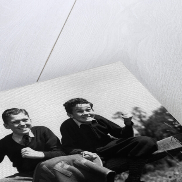 1930s 1940s Two Excited Boys Cheering Sports Team Holding School Letter Pennant Retro Vintage by Anonymous