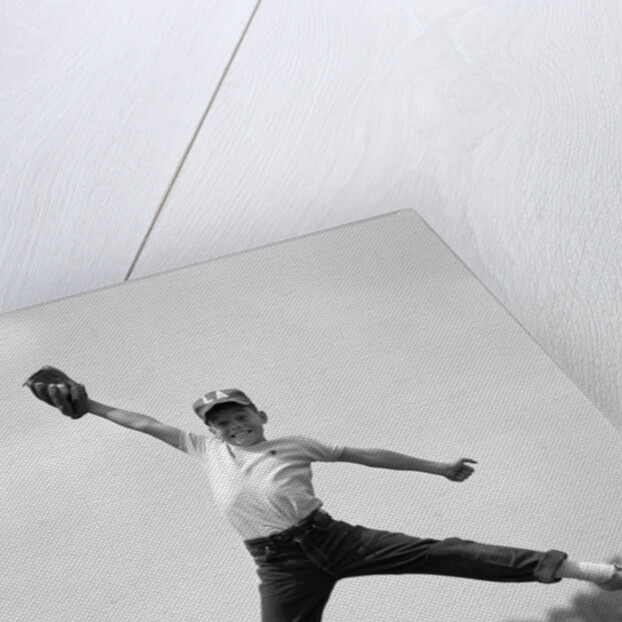 1960s Boy Jumping In Outfield To Catch Baseball With Gove by Anonymous