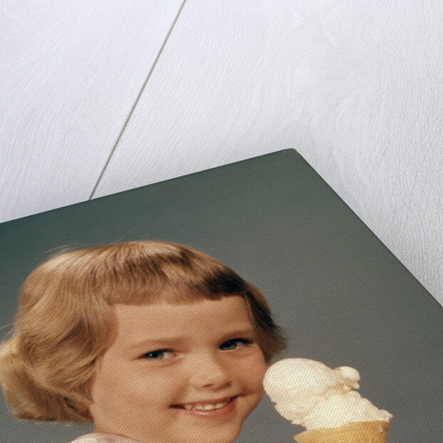 1950s 1960s Girl Eating Ice Cream Cone Double Scoop Vanilla by Anonymous