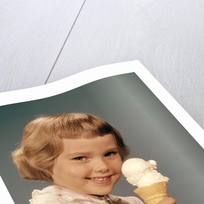 1950s 1960s Girl Eating Ice Cream Cone Double Scoop Vanilla by Anonymous