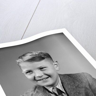 1940s 1950s Boy Portrait Wearing Neck Tie Herringbone Jacket School Photo by Anonymous