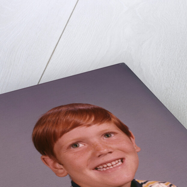 1960s Happy Boy Red Hair Striped Tee Shirt Holding Toothbrush Brushing Teeth by Anonymous