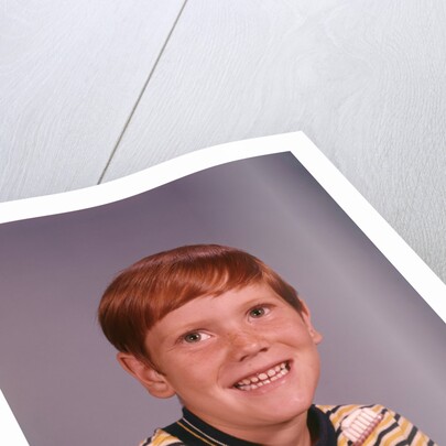 1960s Happy Boy Red Hair Striped Tee Shirt Holding Toothbrush Brushing Teeth by Anonymous