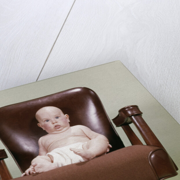 1960s Chubby Bald Baby Wearing Cloth Diaper Sitting In Executive Office Business Chair by Anonymous