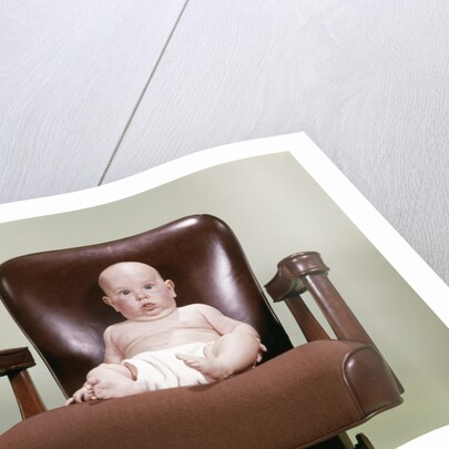 1960s Chubby Bald Baby Wearing Cloth Diaper Sitting In Executive Office Business Chair by Anonymous