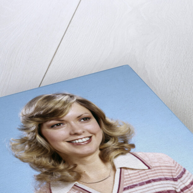 1970s Portrait Curly Woman Wearing Pink Stripe Sweater by Anonymous