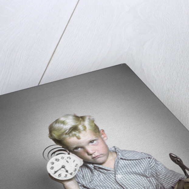 1950s Funny Curious Little Boy Holding Pliers Tool Taking Apart An Alarm Clock by Anonymous