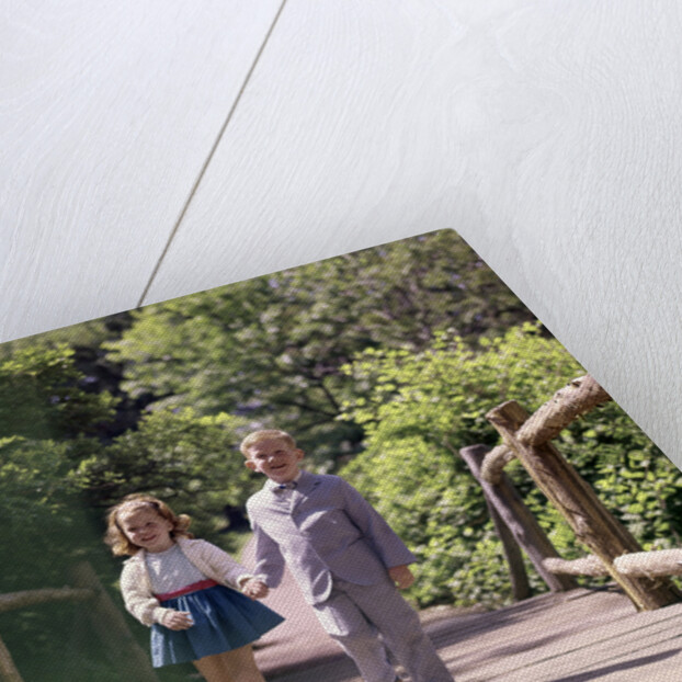 1960s Little Boy And Girl Holding Hands And Walking Across Wooden Footbridge by Anonymous