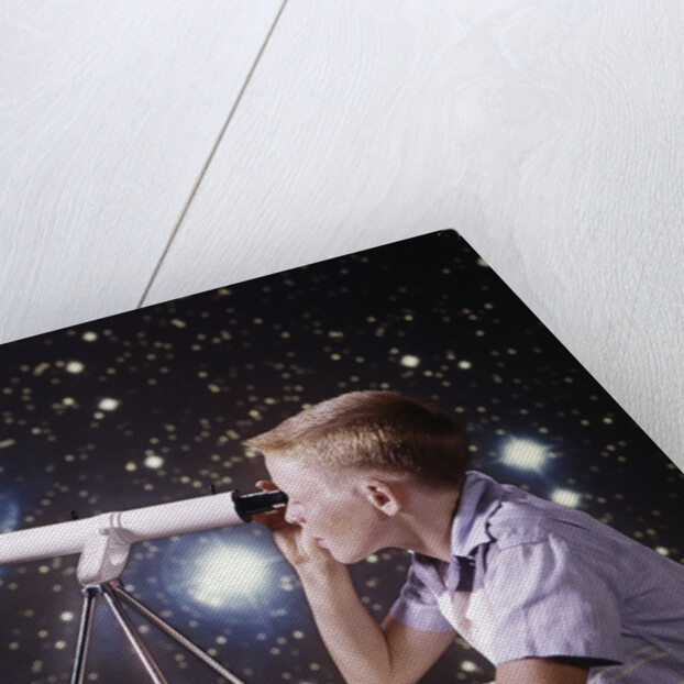 1960s Composite Boy With Telescope On Table Looking At Night Sky With Stars Galaxy Nebula by Anonymous