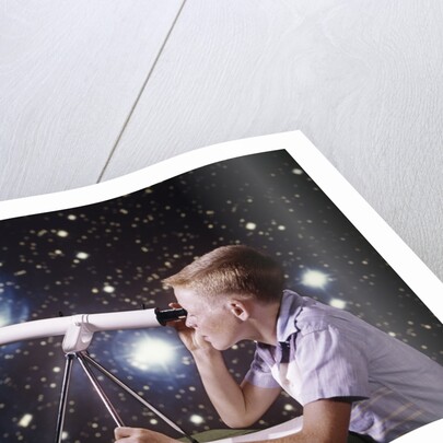 1960s Composite Boy With Telescope On Table Looking At Night Sky With Stars Galaxy Nebula by Anonymous