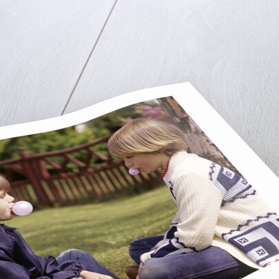 1970s Girls Sit Face To Face Blowing Pink Bubbles With Bubble Gum by Anonymous