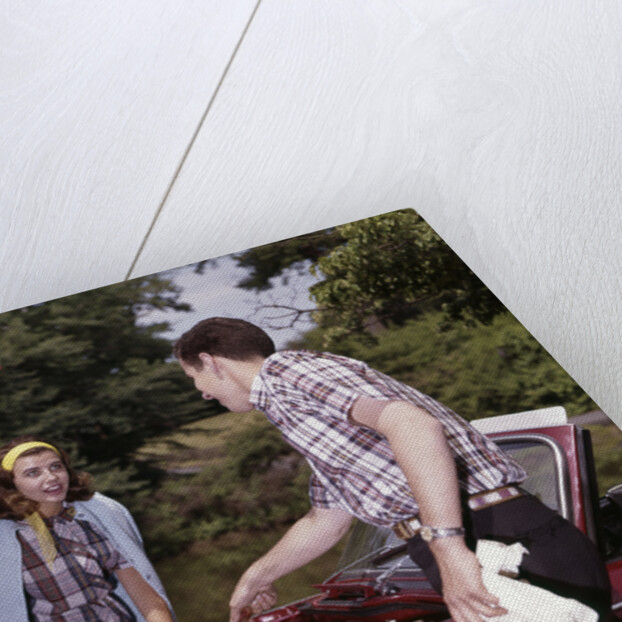 1960s Couple By Car With Hood Up Looking At Motor Outdoor Problem Breakdown by Anonymous