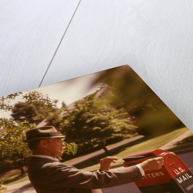 1960s Man Business Man Suit Hat Mailing Letter Mailbox Mail Drop Box Post Postal Suburban Street by Anonymous