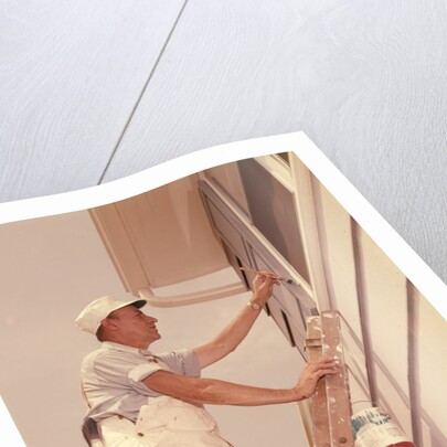 1950s 1960s Man House Painter Up Ladder Painting Window Shutter by Anonymous